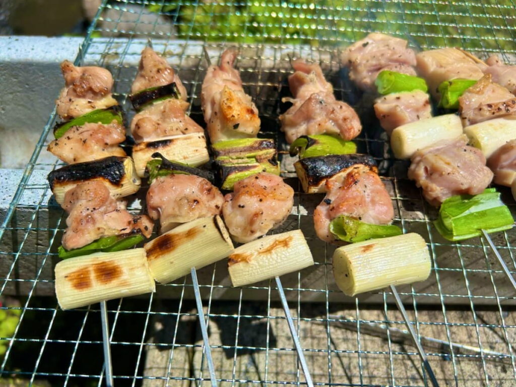 上田市での休日に家族で楽しんだバーベキューの焼き鳥。地方暮らしの豊かさを感じるひとときの写真