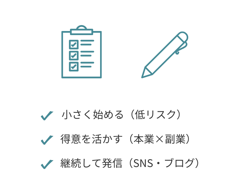 副業で収入アップする3つのコツを示すイラスト(チェックリストとペンのアイコン)